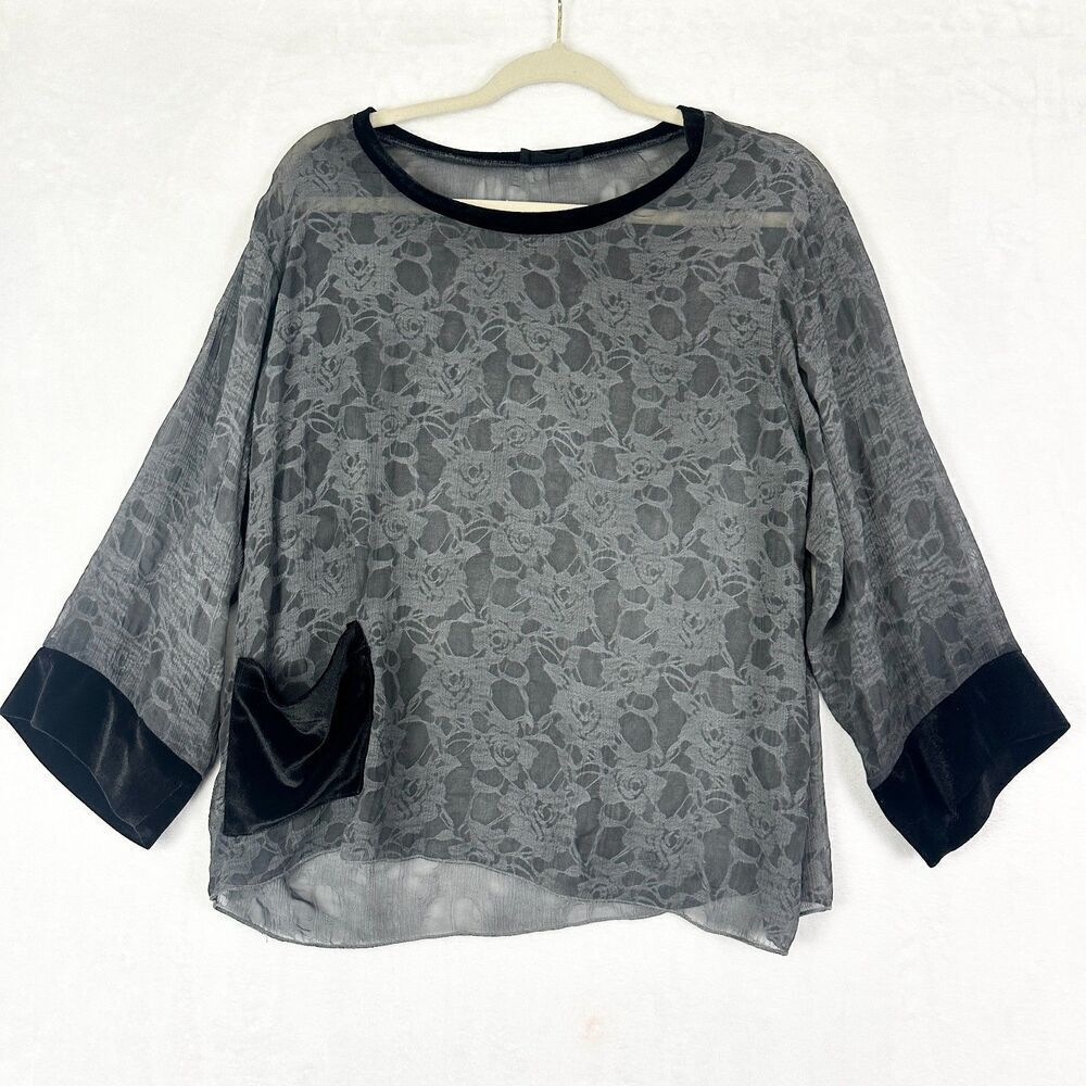 Luukaa Floral Velvet Trim Sheer Boxy Top Size Medium Gray Pocket Lagenlook Artsy